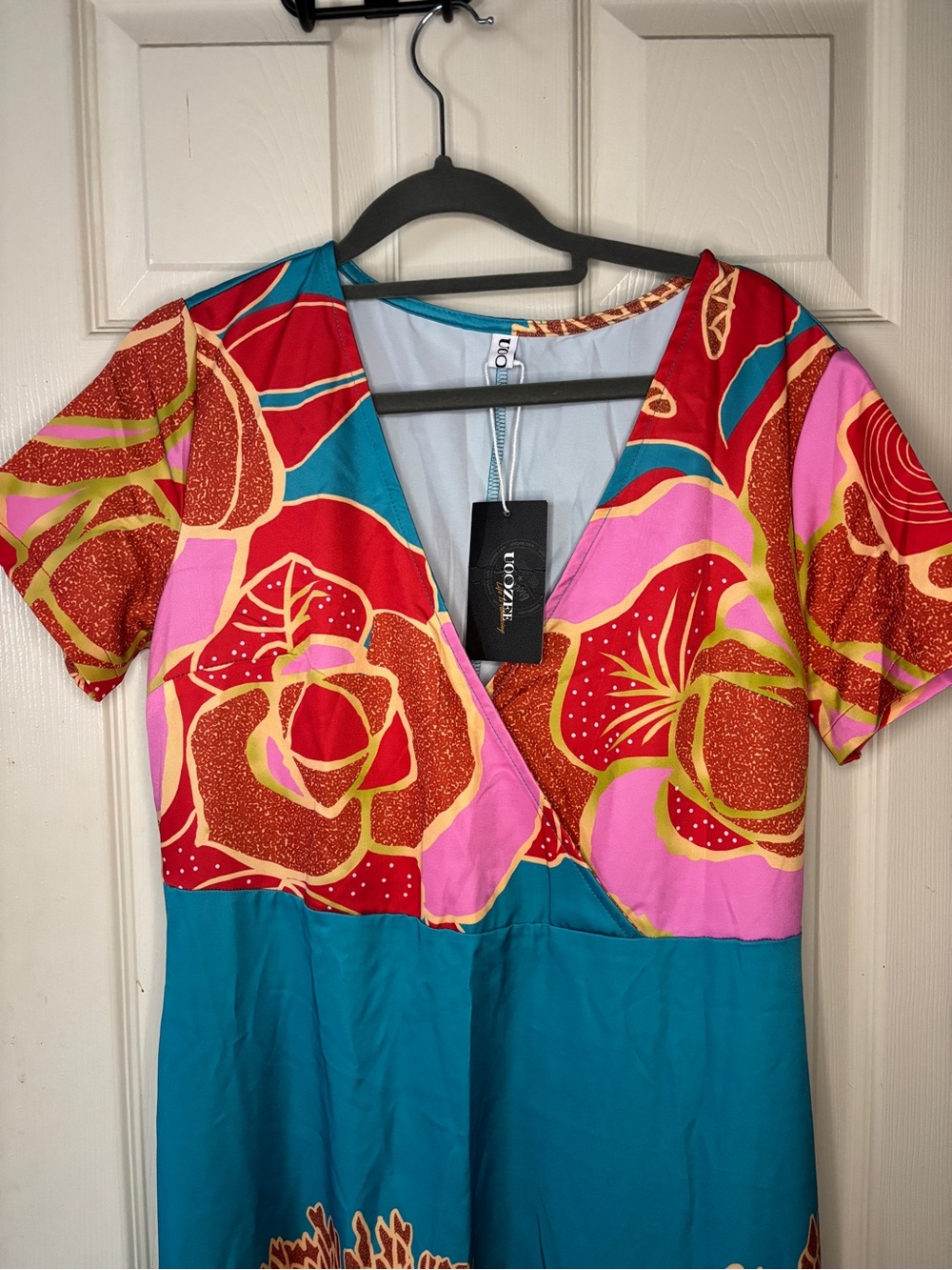 UOOZEE Floral Wrap Maxi Dress Teal Red Rose Print Boho Vacation L NWT - Picture 4 of 4